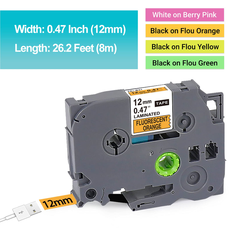 4-Pack 12mm 0.47 Inch P Touch Label Maker Tape TZe-MQP35 TZe-B31 C31 D31 Label Tape, Compatible with Brother P Touch PT-D210 PT-H100 PT-H200 PT-D400, Laminated TZe TZ Tape, Pink/Orange/Yellow/Green