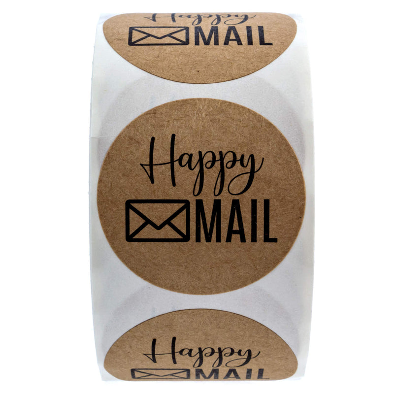 1.5" Round Kraft Happy Mail Stickers / 500 Labels Per Roll