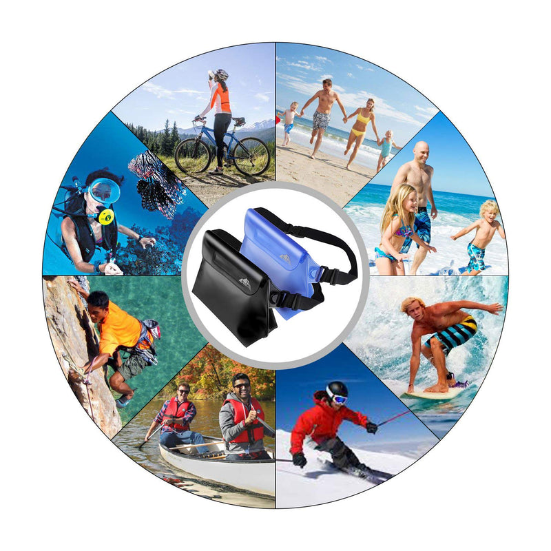 HEETA 2-Pack Waterproof Pouch with Waist Strap, Screen Touchable Dry Bag with Adjustable Belt for Phone Valuables for Swimming Snorkeling Boating Fishing Kayaking Blue & Black