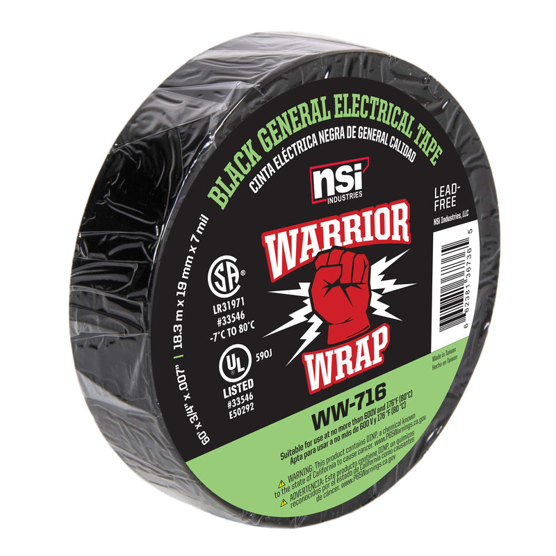 WarriorWrap General 3/4 in. x 60 ft. 7 mil Vinyl Electrical Tape, Black