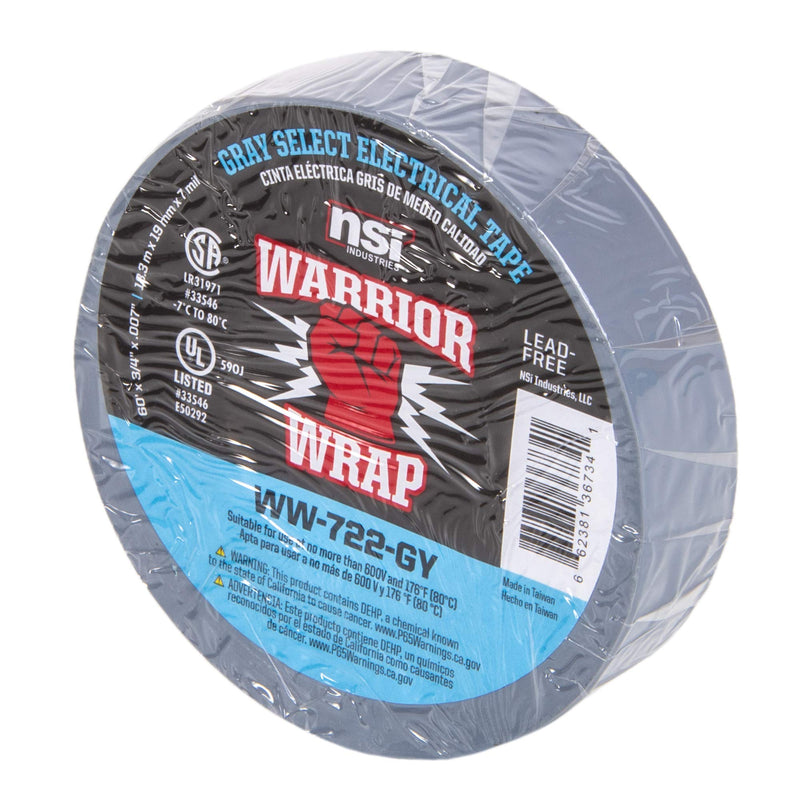 NSi Industries WarriorWrap Select 3/4 in. x 60 ft. 7 mil Vinyl Electrical Tape, Gray (WW-722-GY)