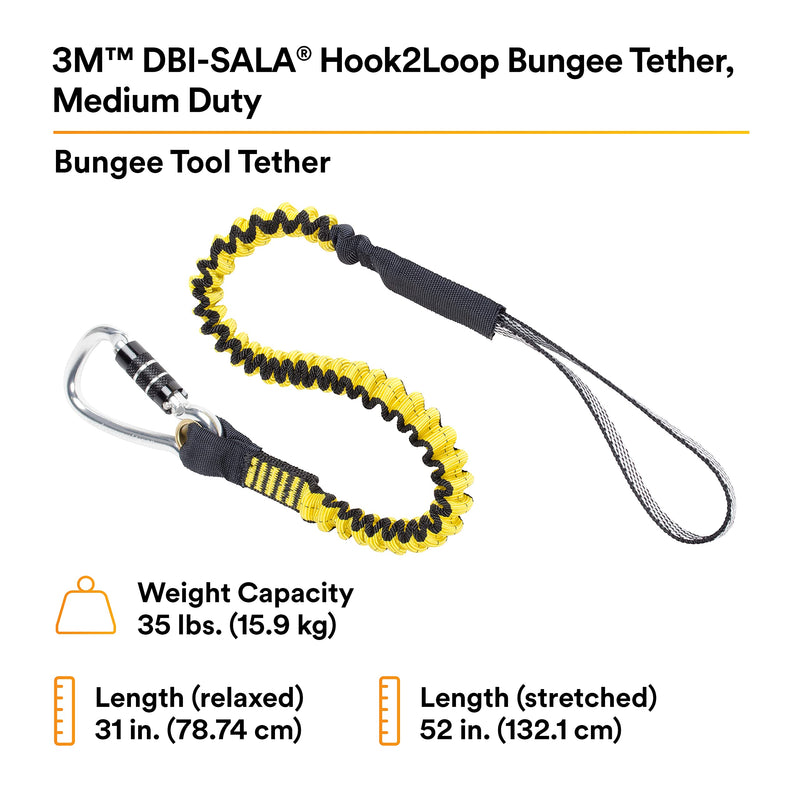 3M DBI-SALA Fall Protection For Tools,1500049,Hook2Loop Medium Duty Bungee Tether,3rd Party Load Rated For Tools Up To 35 lb.s,w/Twist-Lock Carabiner