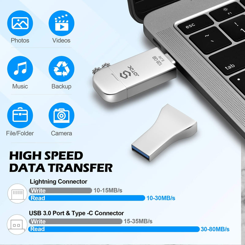 128GB Apple MFi Certified iPhone-Photo-Stick, 3 in 1 USB3.0 iOS Flash-Drive, Photo-Stick-for-iPhone, iPhoto Memory-Stick Thumb Drives for iPhone Backup Memory Stick for iPhone, iPad, Type-C Phone, PC 128GB silver