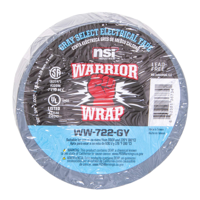 NSi Industries WarriorWrap Select 3/4 in. x 60 ft. 7 mil Vinyl Electrical Tape, Gray (WW-722-GY)