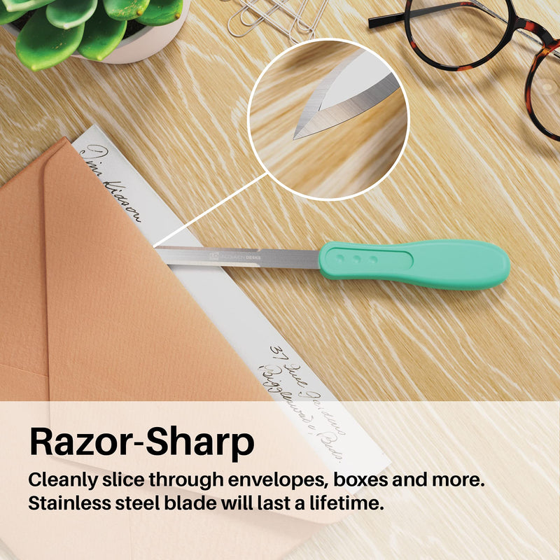 Uncommon Desks Office Letter Opener - Stainless Steel Knife-Edge Blade, Ergonomic Grip Handle (Mint Green, 1 Pieces)