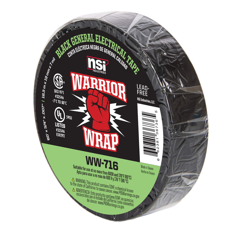 WarriorWrap General 3/4 in. x 60 ft. 7 mil Vinyl Electrical Tape, Black