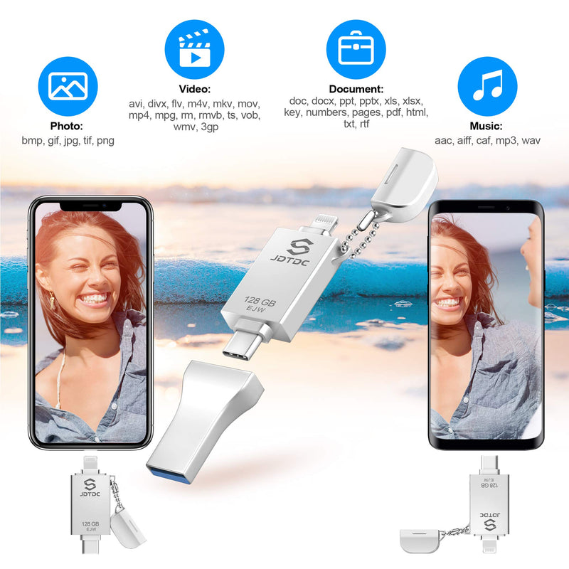 128GB Apple MFi Certified iPhone-Photo-Stick, 3 in 1 USB3.0 iOS Flash-Drive, Photo-Stick-for-iPhone, iPhoto Memory-Stick Thumb Drives for iPhone Backup Memory Stick for iPhone, iPad, Type-C Phone, PC 128GB silver
