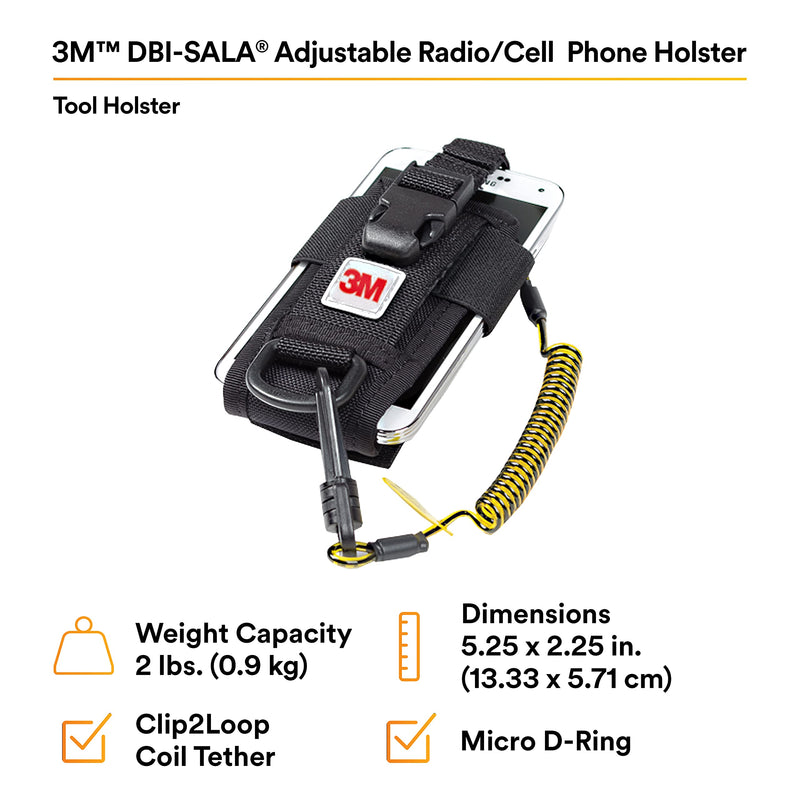 3M DBI-SALA Fall Protection For Tools,1500089,Adj Radio Holster Combo w/Clip2Loop Coil andMicro D-Ring,Size To Any Portable Radio/Small Device,Mount To Harness/Belt