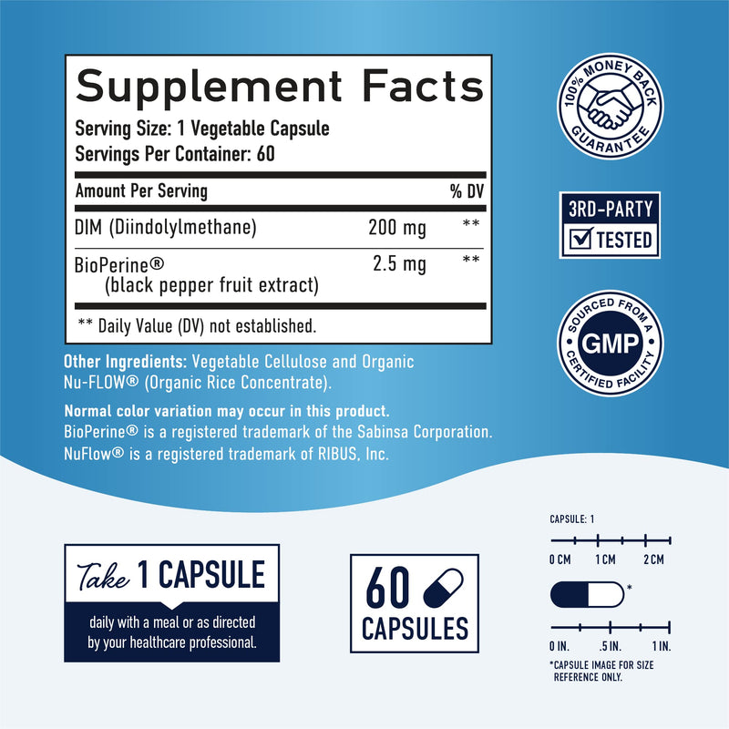 DIM Supplement 200mg - DIM Diindolylmethane Plus BioPerine 60-Day Supply of DIM for Estrogen Balance, Hormone Menopause Relief, Acne Treatment, PCOS, Bodybuilding