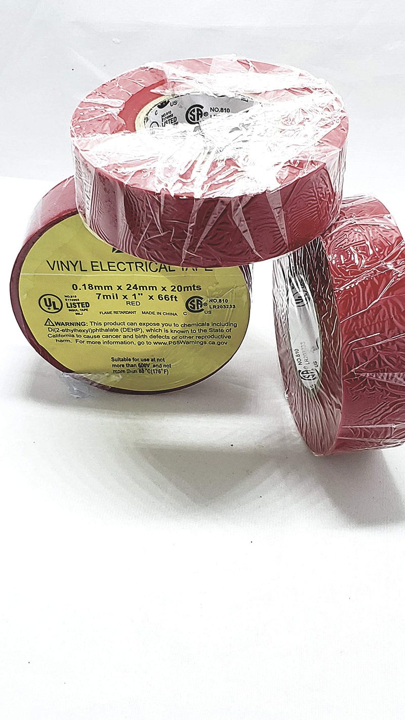 Electrical Tape 1" x 66' Pack of 1 ROLL, RED Flame Retardant