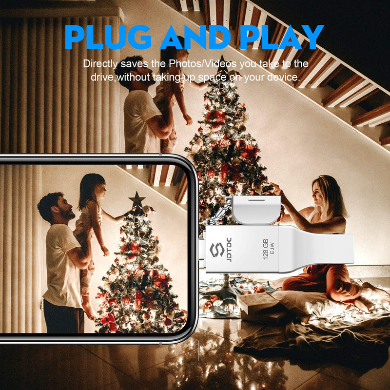 128GB Apple MFi Certified iPhone-Photo-Stick, 3 in 1 USB3.0 iOS Flash-Drive, Photo-Stick-for-iPhone, iPhoto Memory-Stick Thumb Drives for iPhone Backup Memory Stick for iPhone, iPad, Type-C Phone, PC 128GB silver