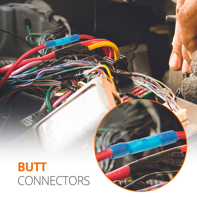 Wirefy 150 PCS Heat Shrink Butt Connectors Blue 16-14 AWG - Marine Grade Butt Connectors - Wire Butt Splice Connectors - Electrical Waterproof Heat Shrink Butts