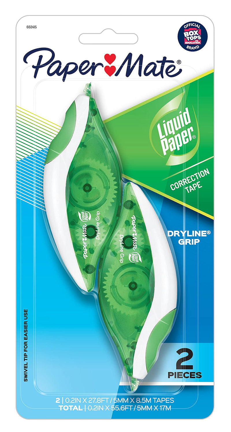 Paper Mate Liquid Paper DryLine Grip Correction Tape, Green , 2 Count 2-Count
