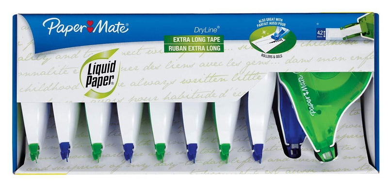 Paper Mate Liquid Paper DryLine, Extra Long Tape, Assorted Colors, 10 Count