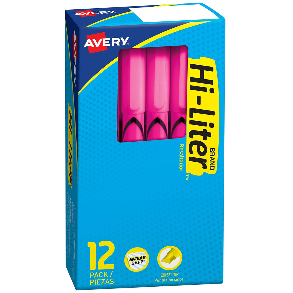 Avery Hi-Liter Pen-Style Highlighters, Smear Safe Ink, Chisel Tip, 12 Fluorescent Pink Highlighters (23592)