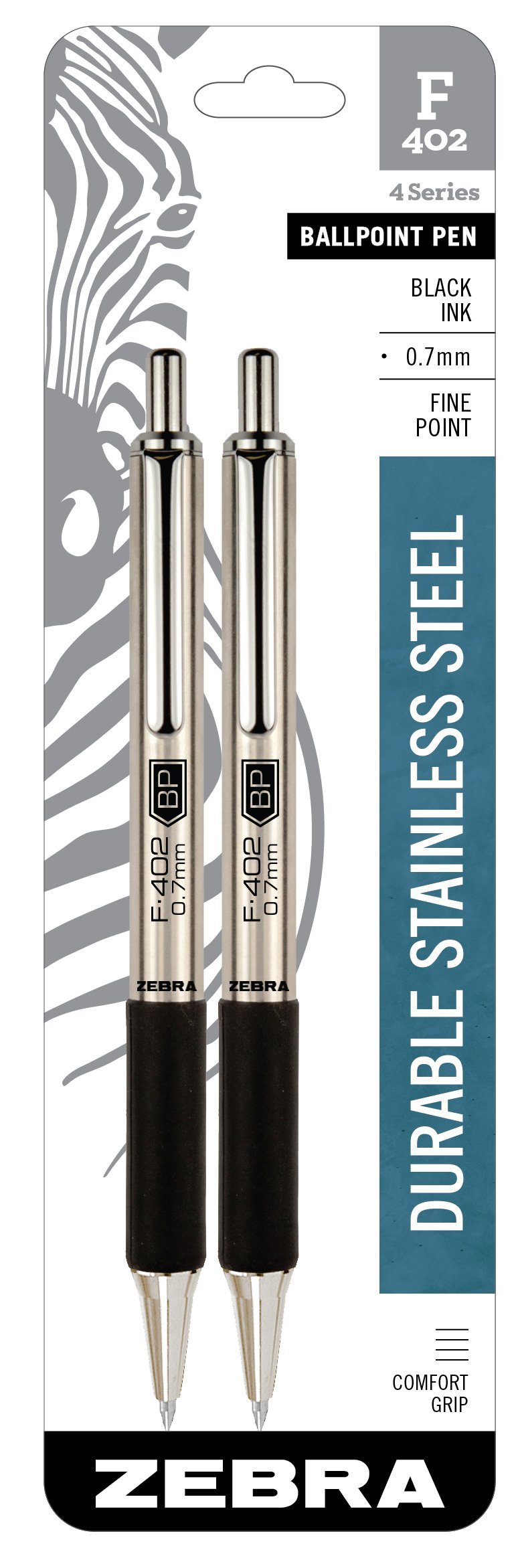 Zebra Pen 29212 Zebra F-402 Ballpoint Stainless Steel Retractable Pen, Fine Point, 0.7mm, Black Ink, 2-Count 2 Count