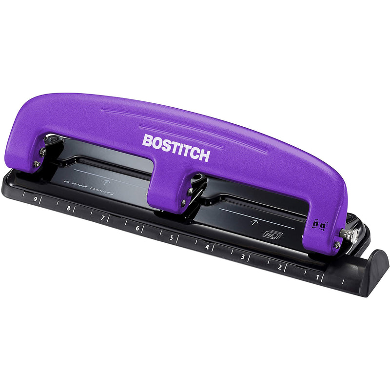 Bostitch Office EZ Squeeze Reduced Effort 3-Hole Punch, 12 Sheets, Purple,black , 1.6" x 3" x 11"
