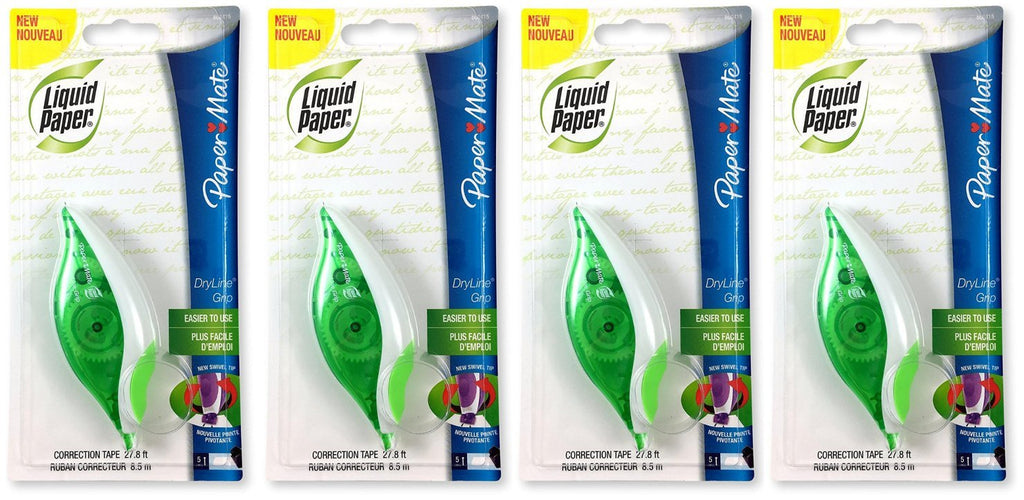 Paper Mate 660415 Liquid Paper DryLine Grip Correction Tape Dispenser, Pack of 4; Transparent Green Body; 1/5 inches Wide x 27.8 feet Long White Tape; Applies Dry, Rewrite Instantly; Swivel Tip