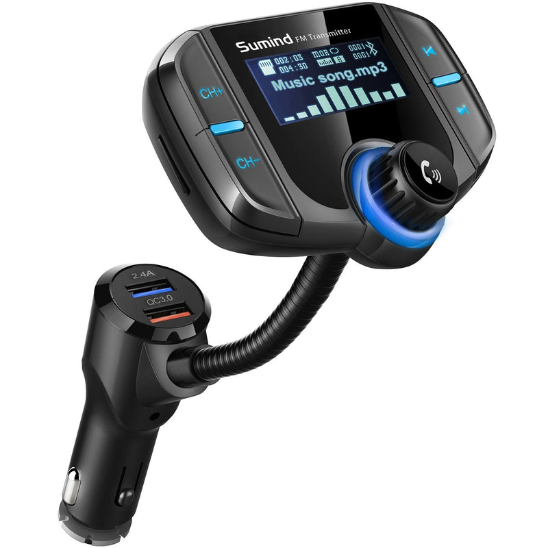 (Upgraded Version) Bluetooth FM Transmitter, Sumind Wireless Radio Adapter Hands-Free Car Kit with 1.7 Inch Display, QC3.0 and Smart 2.4A Dual USB Ports, AUX Input/Output, TF Card Mp3 Player Black