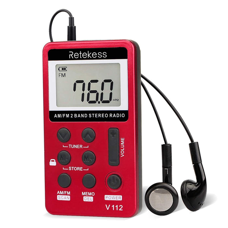 Retekess V112 AM FM Portable Pocket Radio Digital Tuning Stereo Volume with Earphone Rechargeable Battery for Walking Gym (Red) Red