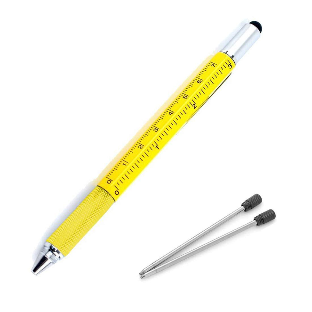 Multifunction Tool Pen, 6 in 1 Tool with Ballpoint Pen, Touch Screen Stylus, Ruler, Spirit Level, Flat-head and Phillips Screwdriver, All-in-One Tech-Tool Pen with Ink Refills (Yellow + 2×Refills) Yellow + 2×Refills