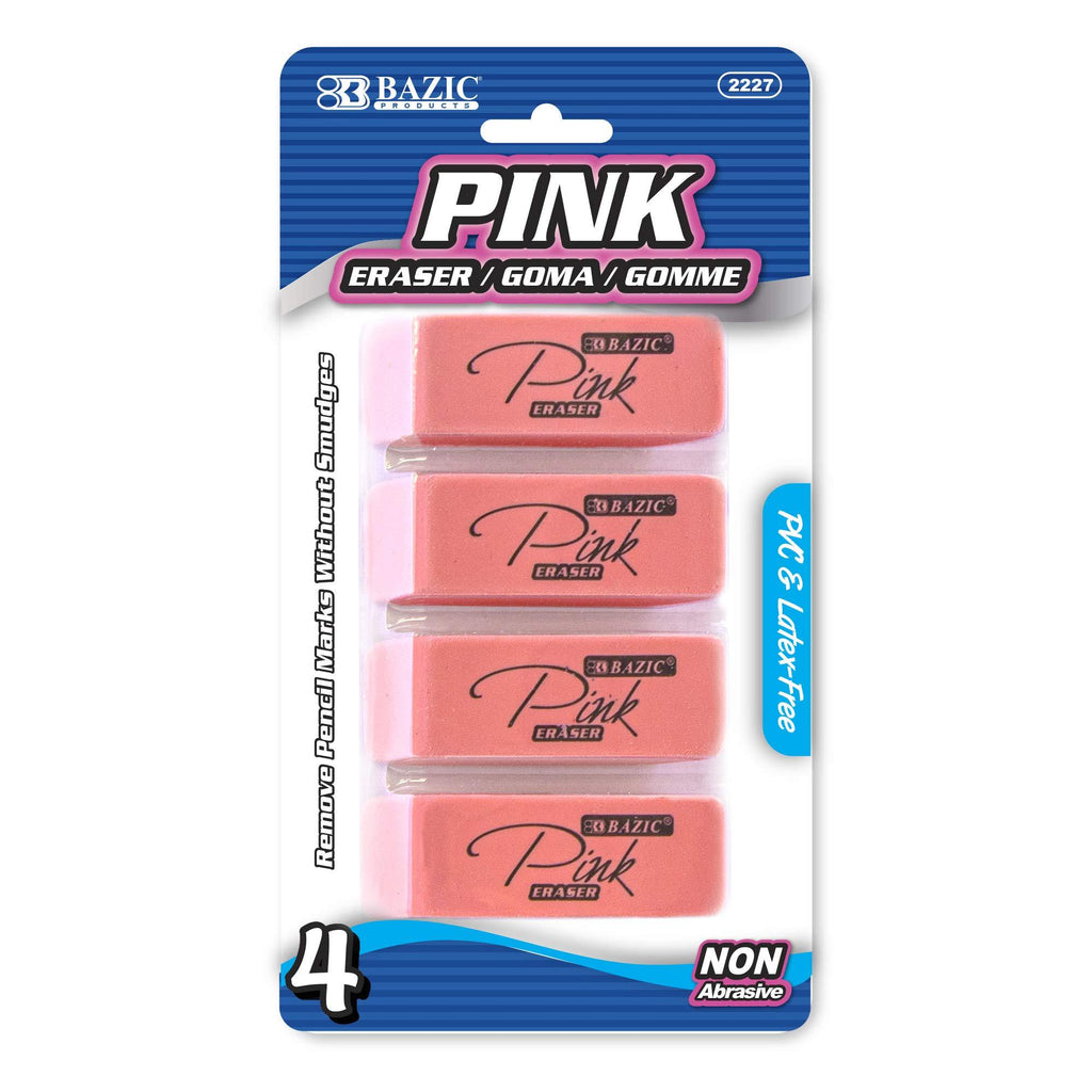 BAZIC Pink Eraser, Latex Free Bevel Erasers, Large Size Block Erasers for Art Drawing School Office Kids Teachers (4/Pack), 1-Pack 4-count