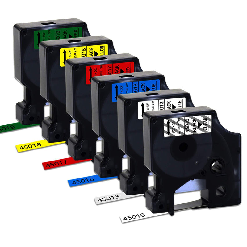Compatible Label Tape Replacement for DYMO D1 Label Tapes Color Combo Set(45010 45013 45016 45017 45018 45019)1/2 Inch x 23Feet Work for DYMO LabeleManager 160 280 420P 450 210D 220P 360D,6-Pack