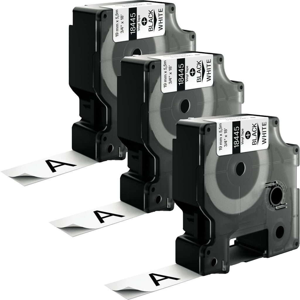 IND Vinyl Labels 18445 Cartridge Ribbon Permanent Vinyl Industrial Label Tape,Black on White Vinyl Film Compatible for with Rhino 4200 5200 6000 Label Makers, 3/4" Width 18' Length 3 Pack