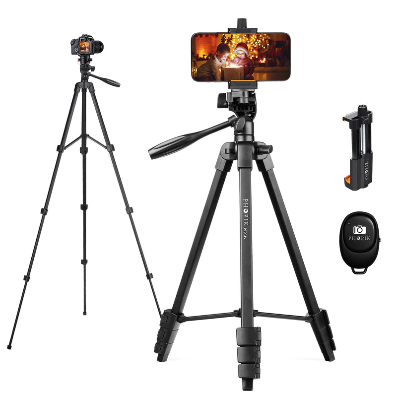 PHOPIK Phone Tripod 55 inches, Aluminum Travel/Camera/Mobile Phone Tripod with Carrying Bag with a Maximum Load of 6.6 pounds, Remote Shutter, Compatible with Smartphone & Tablet & Camera.