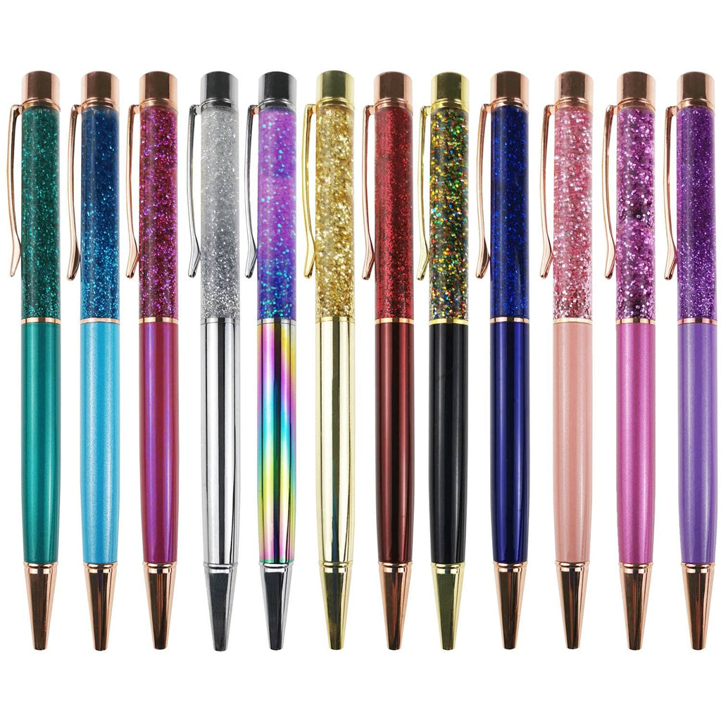 Oddmoal Glitter Metal Ballpoint Pens Crystal Dynamic Liquid Sand Pen for Office Supplies, Black Ink, 12 Count 12 colors Glitter Pens