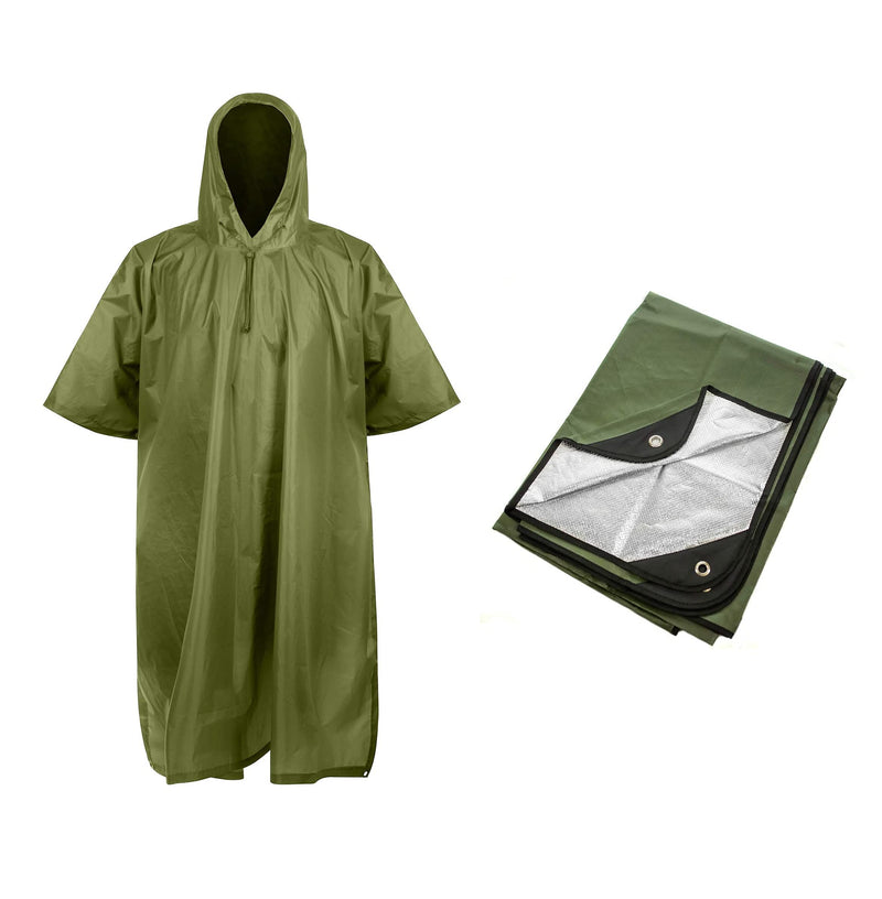 Arcturus Heavy Duty Survival Blanket with Arcturus Lightweight Ripstop Nylon Poncho (Olive)
