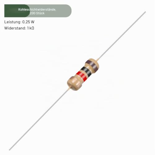 Yokive Carbon Film Resistor 1/4W 1K Ohm 5% Tolerances Pack of 200 | (4 color bands 1.77 x 0.09 inches) resistance good for DIY electronic projects