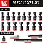 WIILDIS 19pcs 3/8" Drive Impact Socket Set with CR-MO Swivel Sockets, Flexible Wobble Design, Metric 8-22mm, 6-Point, Includes Extension Bars & Adapter