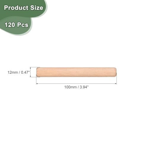 uxcell 120 Pcs Wooden Dowel Pins 12x100mm(0.47x3.94) Fluted Beveled Ends Wood Dowel Pegs Dried Hardwood for Woodworking Furniture Shelf