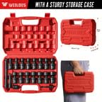 WIILDIS 19pcs 3/8" Drive Impact Socket Set with CR-MO Swivel Sockets, Flexible Wobble Design, Metric 8-22mm, 6-Point, Includes Extension Bars & Adapter