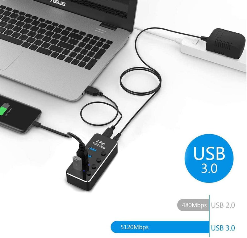 Powered USB 3.0 Hub, RSHTECH 4 Port USB Hub Splitter Portable Aluminum USB Data Hub Expander with Individual On/Off Switch and Universal 5V AC Adapter, 3.3ft USB 3.0 Cable(RSH-516) 4 port powered USB 3.0 hub