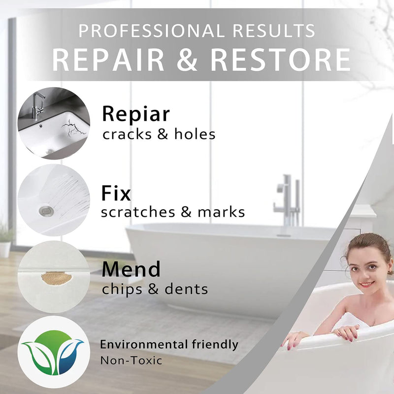 Tub Repair Kit White for Acrylic, Porcelain, Enamel & Fiberglass Tub Repair Kit for Sink, Shower & Countertop - Bathtub Refinishing Kit for Cracked Bathtub Scratches - Shower Bases & Pans