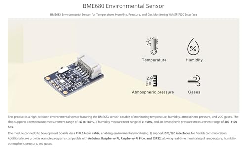 BME680 Environmental Sensor, Supports Temperature, Humidity, Pressure, Gas Detection, I2C & SPI, Ideal for Raspberry Pi, Pico, Arduino, and ESP32 Projects