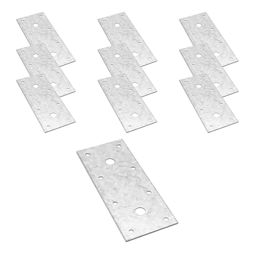 10-Pack 2.4x5.5 Inch Flat Brace Brackets, Galvanized Steel Mending and Joining Plates, Shelf Support and Repair for Furniture, Shelves, 14 Gauge 2.36 x 5.5-in 14-ga with 8 small & 2 big holes Silver