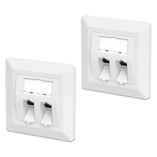 FGB 2x CAT7 Keystone Network Socket Flush-Mounted 2 Port with Keystone Module White | 4x CAT7 Keystone Coupling, Shielded, Female to Female, Patch Cable Coupling, Network Coupling, 10 Gbit/s STP