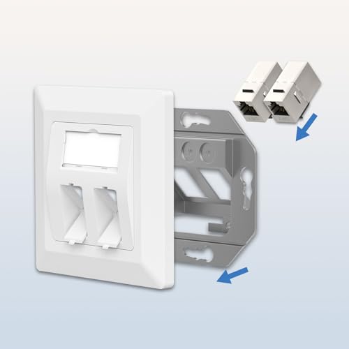 FGB 2x CAT7 Keystone Network Socket Flush-Mounted 2 Port with Keystone Module White | 4x CAT7 Keystone Coupling, Shielded, Female to Female, Patch Cable Coupling, Network Coupling, 10 Gbit/s STP