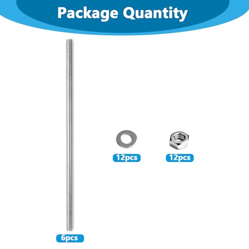 6pcs M12 x 200mm Fully Threaded Rod, 1.75mm Thread Pitch,304 Stainless Steel Right Hand Threads Rods, with Nuts and Flat Washer,for Clamps, Hangers and U-Bolts (M12 x 200mm)
