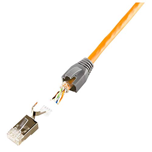 Faconet Pack of 20 RJ45 network plugs CAT 7A CAT 6A CAT7 yellow up to 10 Gigabit crimp plug modular plug connector kink protection case installation cable network LAN cat7 cat8.1 AWG23 insertion aid
