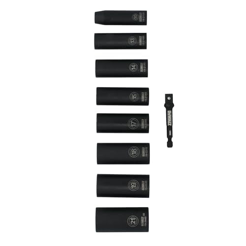 DEWALT 3/8 Impact Socket Set, 9 Pcs Deep Metric Socket Set, 6 point, 10 mm to 21 mm, Includes 1/4 inch Adapter, for Cordless and Corded Impact Drivers and Wrenches (DWAFSMSET9) 9 Pc Metric