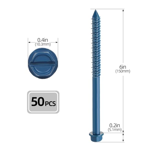 1/4" x 6" Concrete Screws, 50 PCS Blue Hex Washer Head Concrete Screws Anchor Kit with Hex Bit Socket, for Masonry, Cement, Block, Brick or Stucco 1/4 x 6" Blue Hex Head