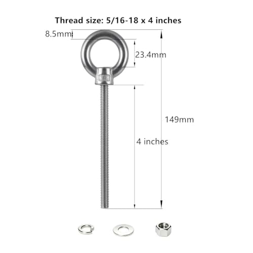 8Pcs Stainless Steel Ring Eye Bolts 5/16"-18 with Nuts, 4" Long 5/16"-18 x 4" 8