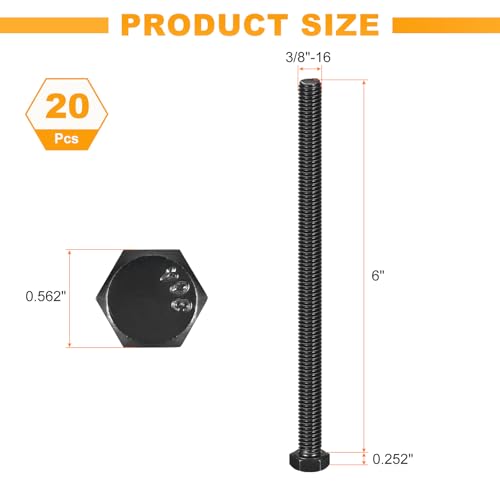 uxcell 20Pcs 3/8-16 x 6 Hex Head Bolts, 304 Stainless Steel Fully Threaded Hex Head Screw, Black Oxide Finish, Hex Bolts for Construction, Machinery Manufacturing, Black 3/8-16 x 6" 20