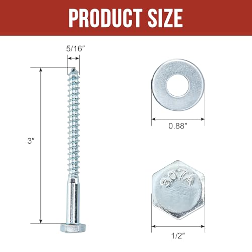 5/16" x 3" Lag Bolts (50 Pcs) 5/16 inch Lag Screws for Wood, Heavy Duty Hex Head with Washers, Zinc Plated 5/16" x 3" (50 PCS)