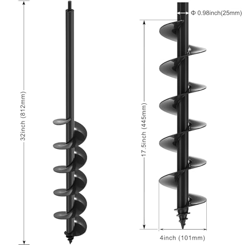 Insaga Auger Drill Bit for Planting 4″ x 32″– Heavy Duty Carbon Steel Spiral Garden Auger for Drill, 3/8″ Hex Drive Plant Auger for Bulbs & Seedlings – 32″ Long Reach Reduces Bending 4″ x 32″