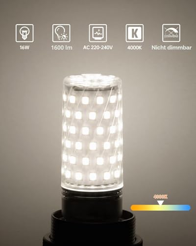 16 W LED Light Bulb E27 Neutral White 4000 K LED Bulb E27 Extra Bright Pack of 4 | 1600 lm LED bulb E27 narrow, equivalent to 150 W halogen lamp, AC 220-240 V, not dimmable, 30,000 hours